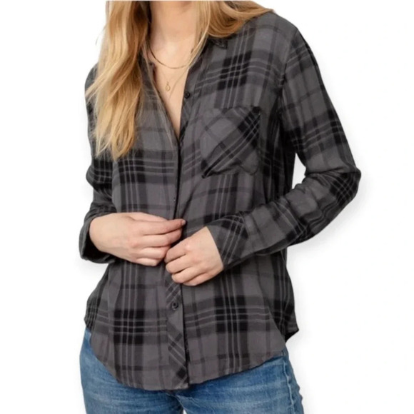 Rails Hunter Plaid Rayon Flannel Button Up in Charcoal Jet Grey Black XS - Picture 2 of 16